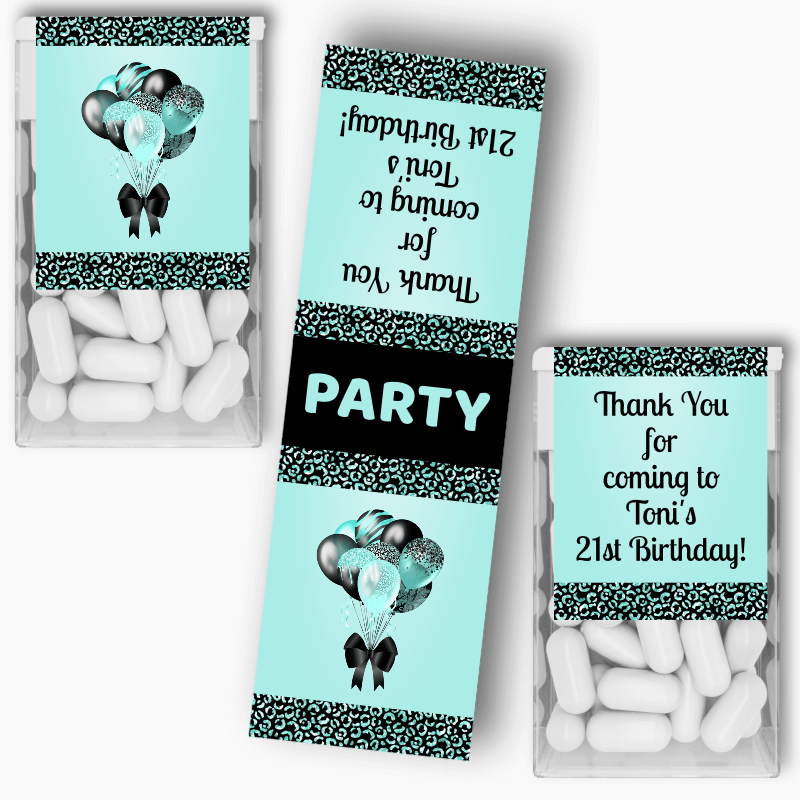 Personalised Aqua & Black Balloons Birthday Party Tic Tac Labels