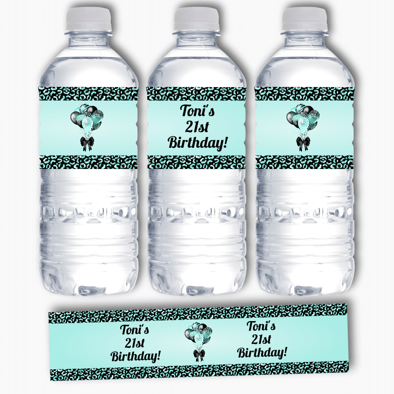 Personalised Aqua &amp; Black Balloons Birthday Party Water Bottle Labels