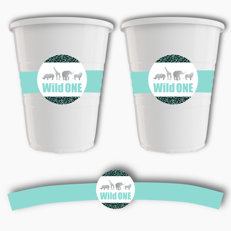Aqua & Silver Wild One Birthday Party Cup Stickers