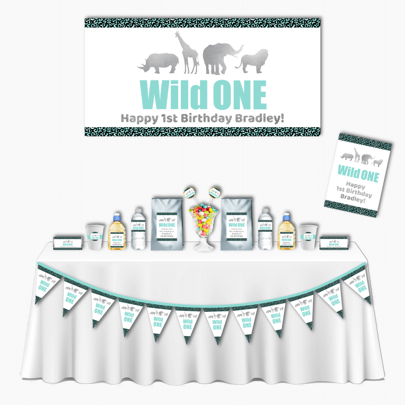 Personalised Aqua &amp; Silver Wild One Deluxe Birthday Party Decorations Pack
