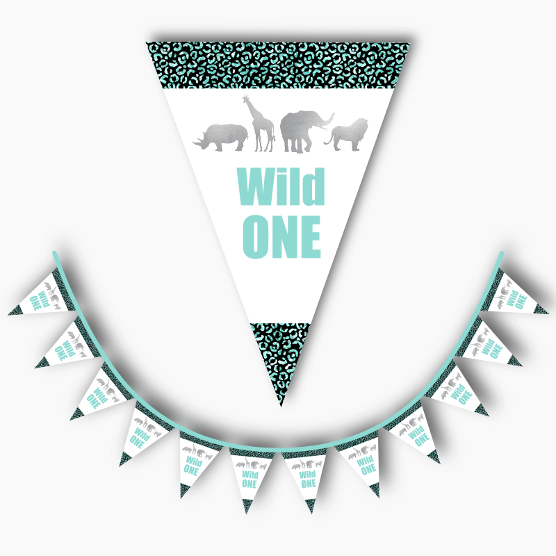 Personalised Aqua &amp; Silver Wild One Birthday Party Flag Bunting