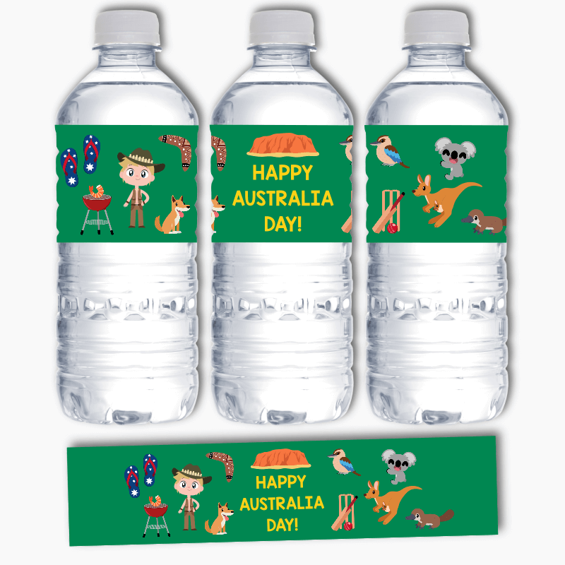 Fun Aussie Character Australia Day Water Labels