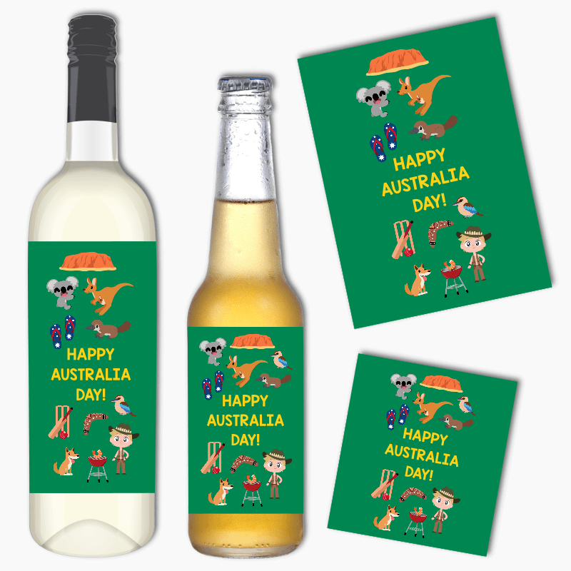 Fun Aussie Character Australia Day Wine &amp; Beer Labels