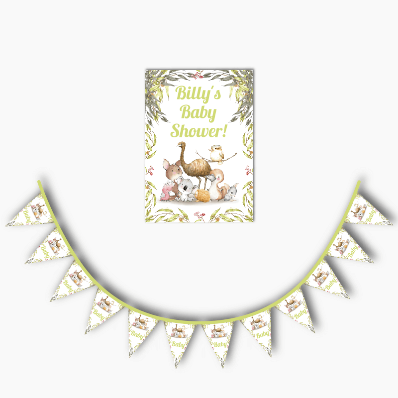 Personalised Australian Animals Baby Shower Poster &amp; Flag Bunting Combo
