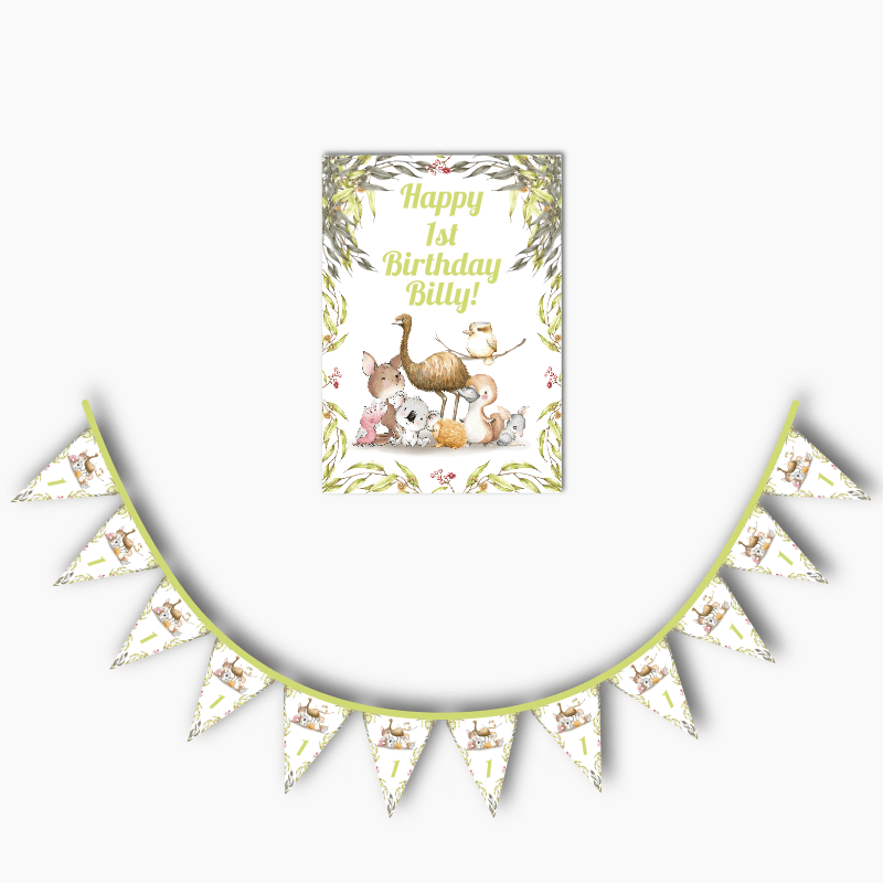Personalised Australian Animals Birthday Party Poster &amp; Flag Bunting Combo