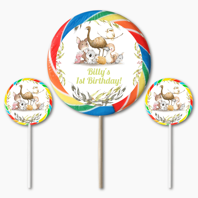 Personalised Australian Animals Birthday Party Round Lollipop Stickers
