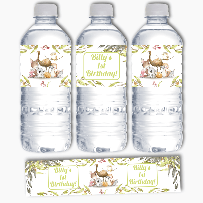 Personalised Australian Animals Birthday Party Water Bottle Labels
