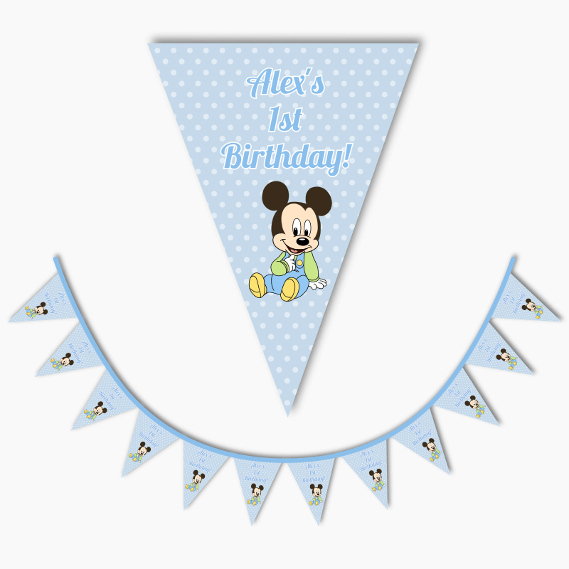 Personalised Baby Mickey Mouse Birthday Party Flag Bunting - Blue Spot