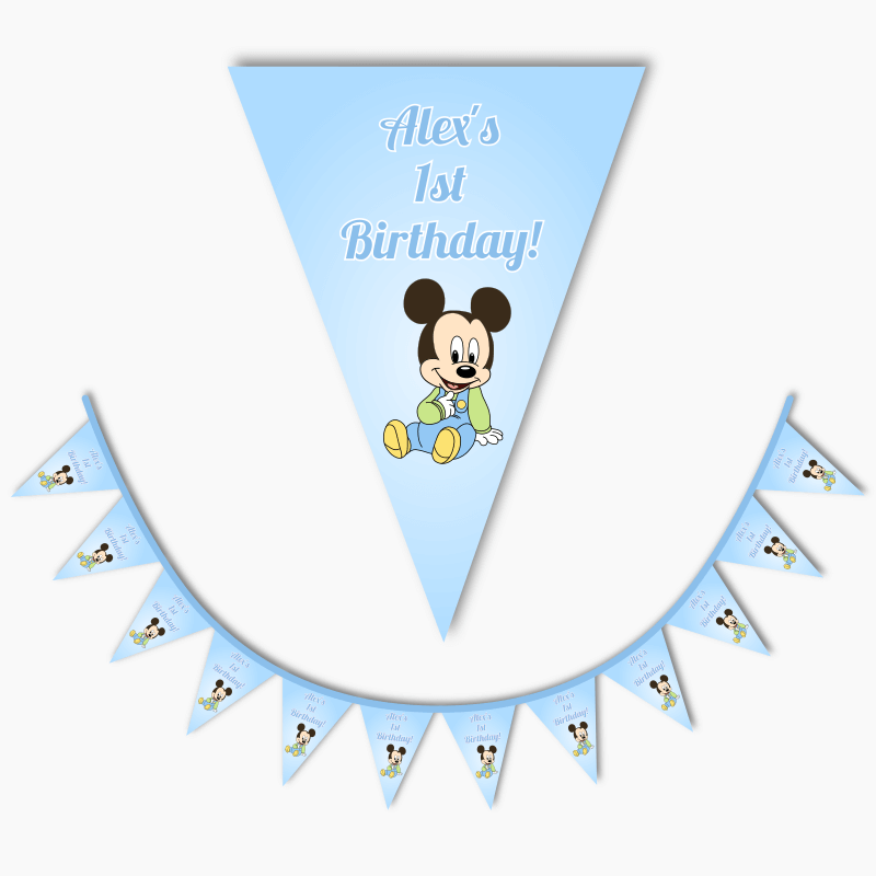 Personalised Baby Mickey Mouse Birthday Party Flag Bunting - Blue
