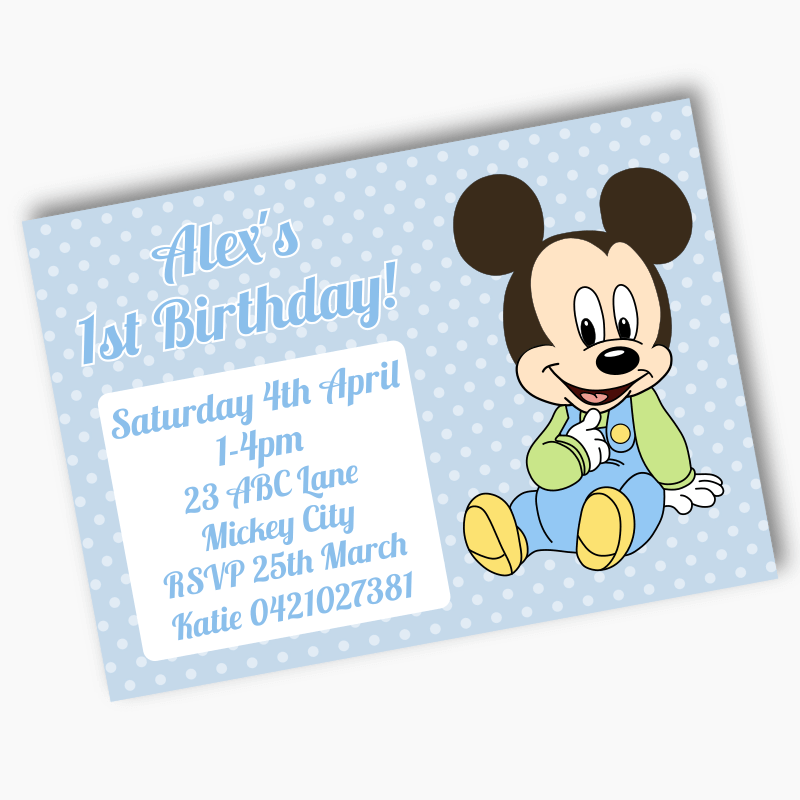 Personalised Baby Mickey Mouse Birthday Party Invites - Blue Spot