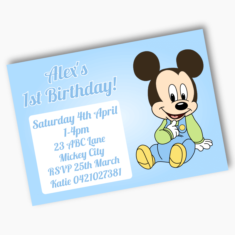 Personalised Baby Mickey Mouse Birthday Party Invites - Blue