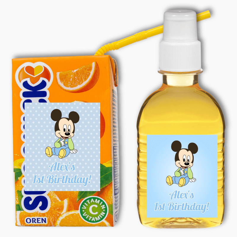 Personalised Baby Mickey Mouse Party Drink Labels