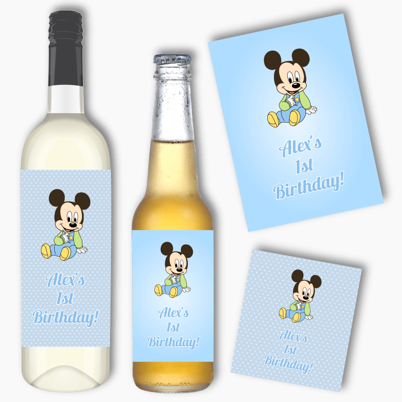 Personalised Baby Mickey Party Wine & Beer Labels