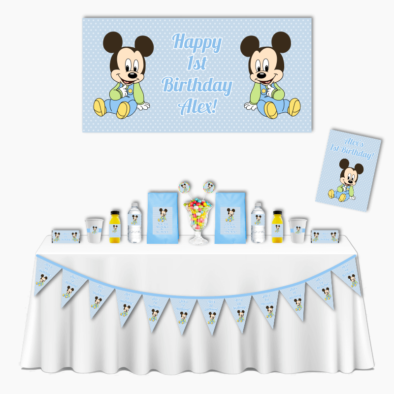Personalised Baby Mickey Mouse Deluxe Birthday Party Pack - Blue Spot