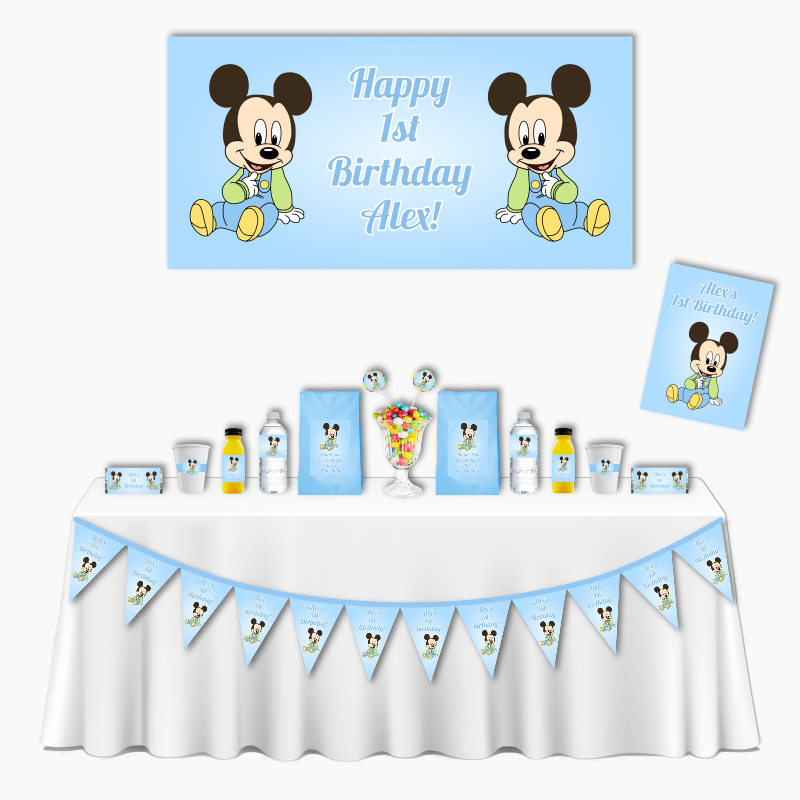 Personalised Baby Mickey Mouse Deluxe Birthday Party Pack - Blue