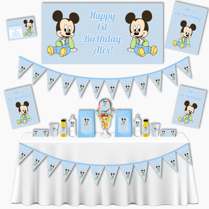 Personalised Baby Mickey Mouse Grand Birthday Party Pack - Blue Spot