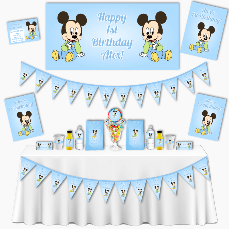 Personalised Baby Mickey Mouse Grand Birthday Party Pack - Blue