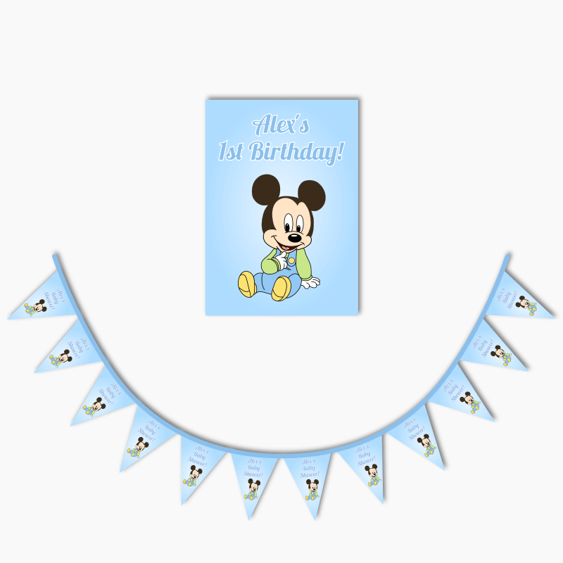 Personalised Baby Mickey Mouse Party Poster & Flag Bunting Combo - Blue