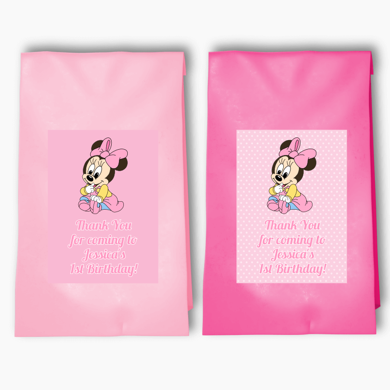 Personalised Baby Minnie Mouse Birthday Party Bags & Labels - Pink