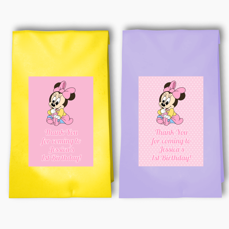 Personalised Baby Minnie Mouse Birthday Party Bags & Labels - Pink