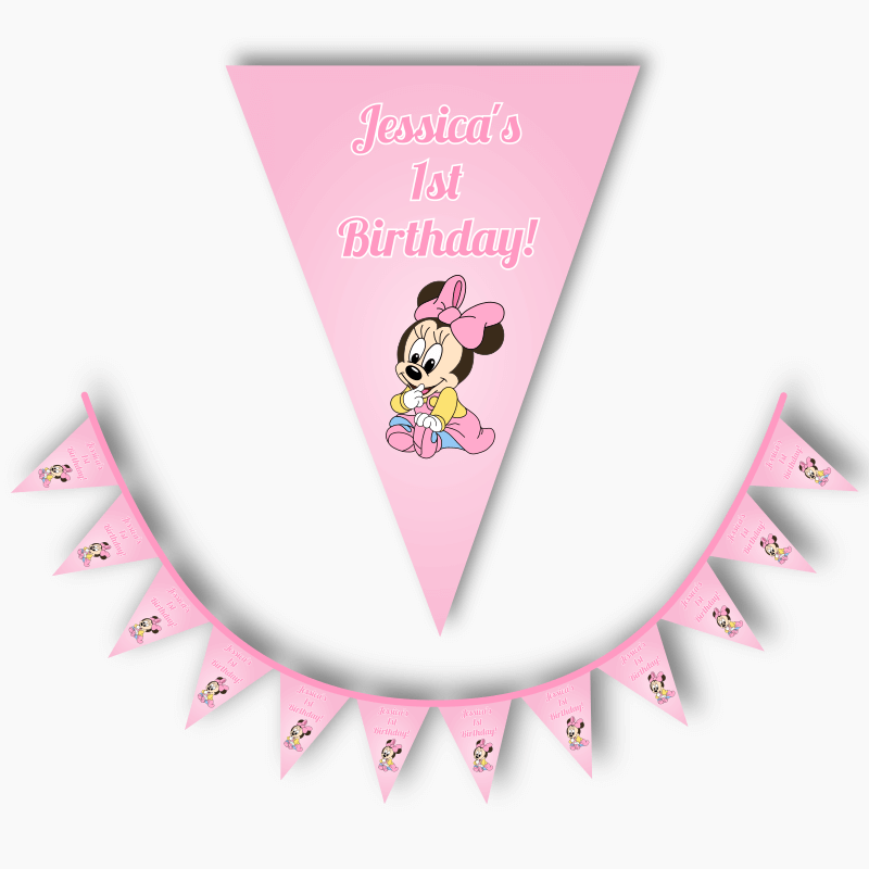 Personalised Baby Minnie Mouse Birthday Party Flag Bunting - Pink