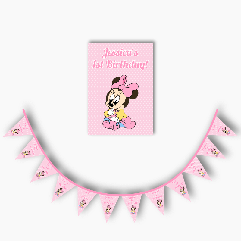 Personalised Baby Minnie Mouse Party Poster & Flag Bunting Combo - Pink