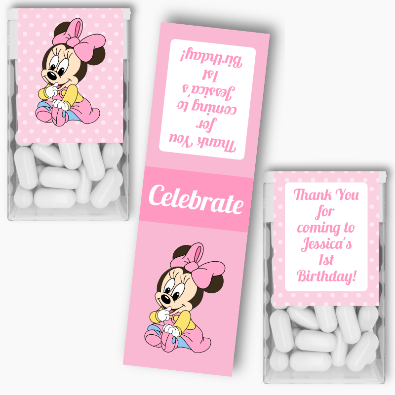 Personalised Baby Minnie Mouse Birthday Party Tic Tac Labels