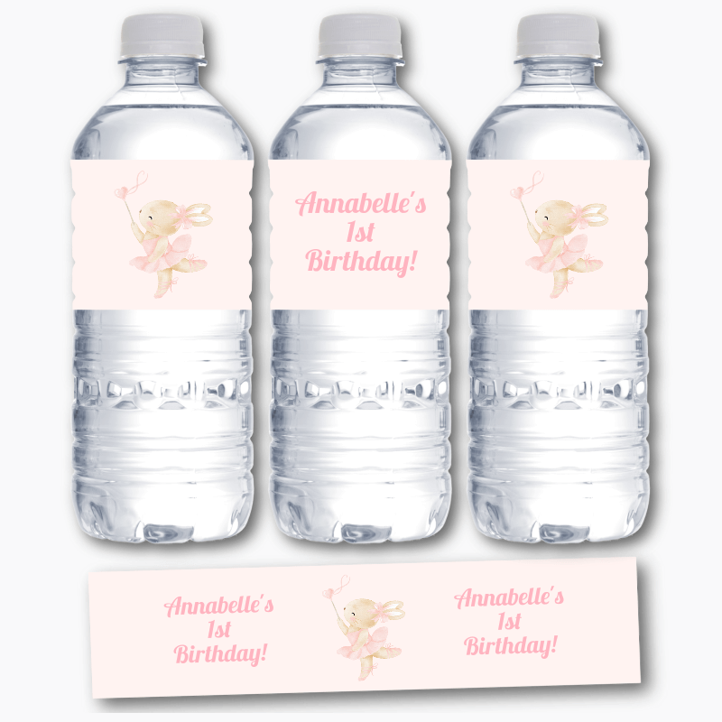 Personalised Ballet Bunny Birthday Party Water Bottle Labels
