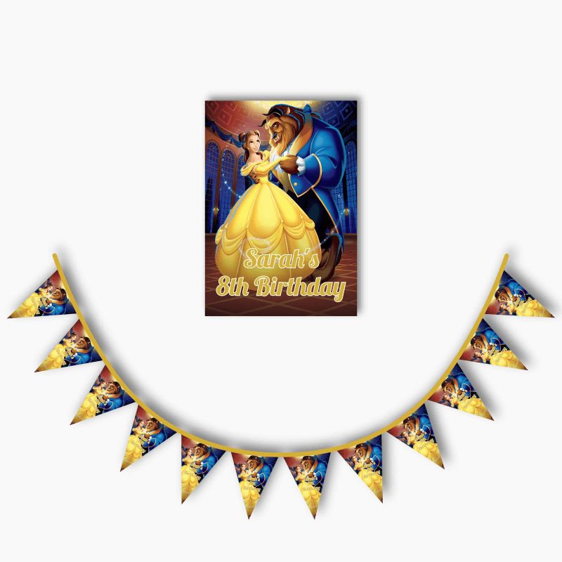 Personalised Beauty and the Beast Party Poster & Bunting Combo