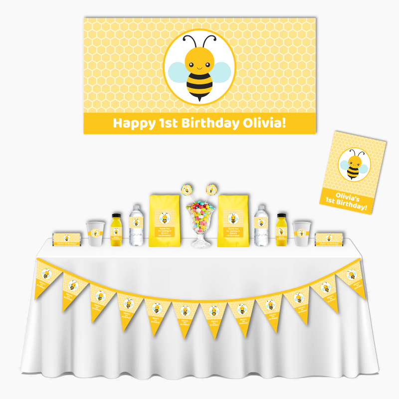 Personalised Cute Buzzy Bee Party Decorations Tagged First Birthdays -  Katie J Design and Events