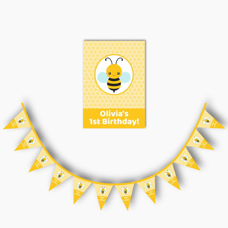 Personalised Buzzy Bee Party Poster &amp; Flag Bunting Combo