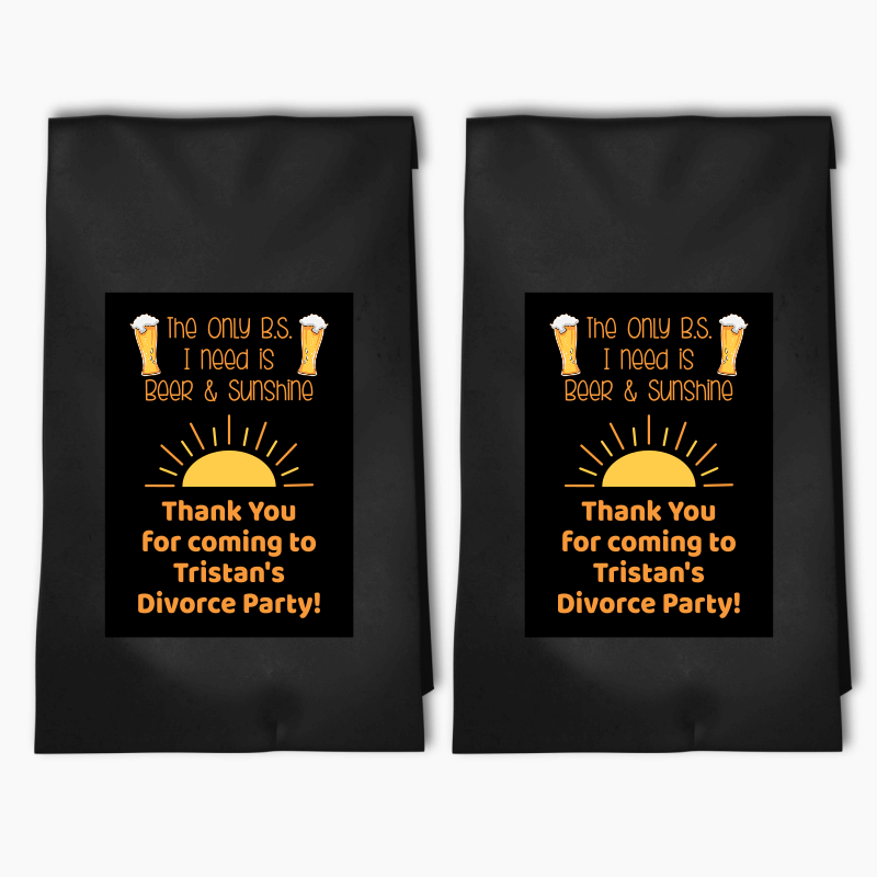 Personalised Beer &amp; Sunshine Divorce Party Bags &amp; Labels