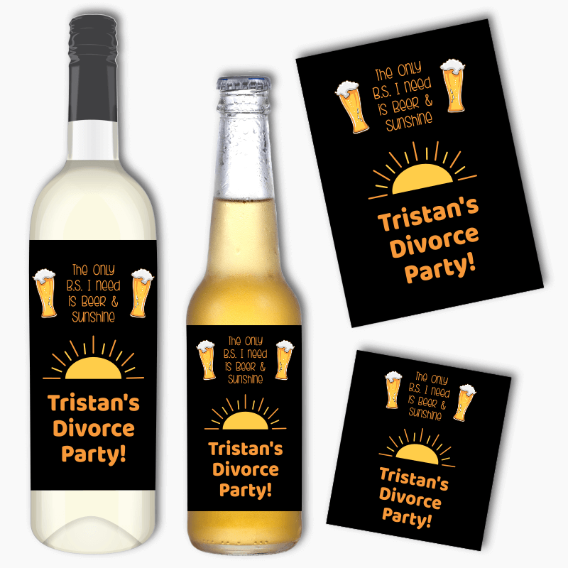 Personalised Beer &amp; Sunshine Divorce Party Wine &amp; Beer Labels