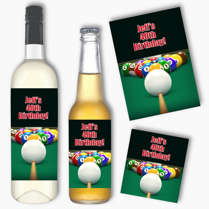 Personalised Billiards 8 Ball Birthday Party Wine & Beer Labels