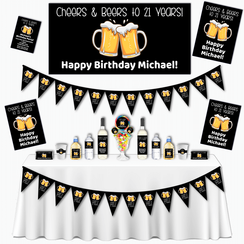 Personalised Black Cheers & Beers Grand Birthday Party Pack