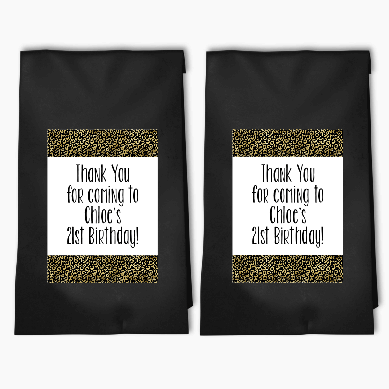 Personalised Black & Gold Animal Print Birthday Party Bags & Labels