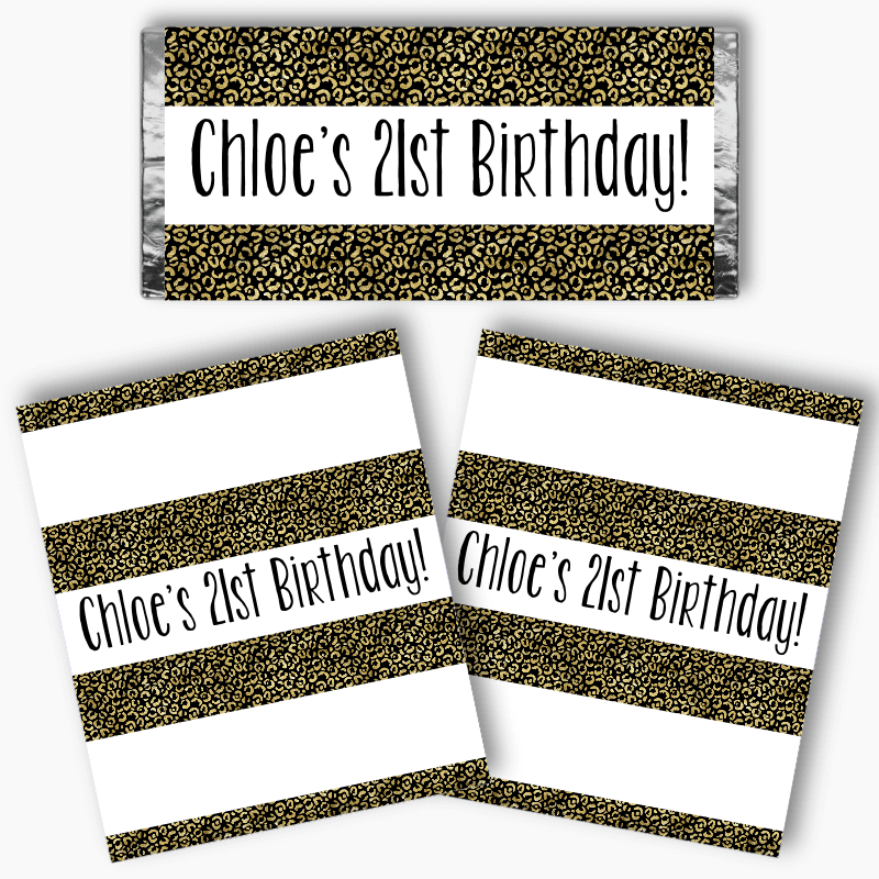 Personalised Black &amp; Gold Animal Print Birthday Party Mini Chocolate Labels