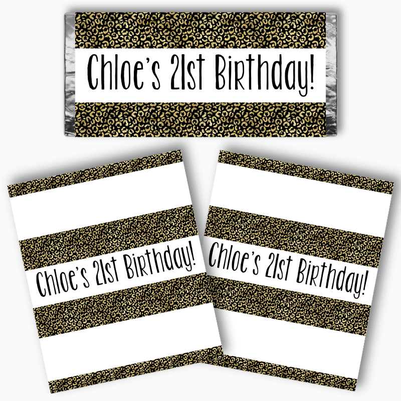 Personalised Black & Gold Animal Print Birthday Party Mini Chocolate Labels