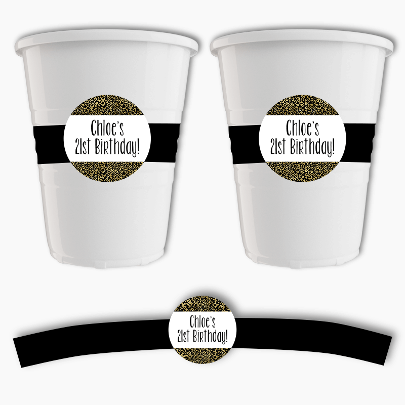 Black &amp; Gold Animal Print Birthday Party Cup Stickers