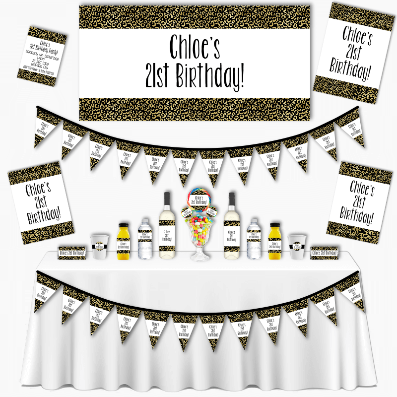 Personalised Black &amp; Gold Animal Print Grand Birthday Party Pack