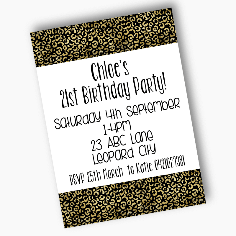 Personalised Black & Gold Animal Print Birthday Party Invites