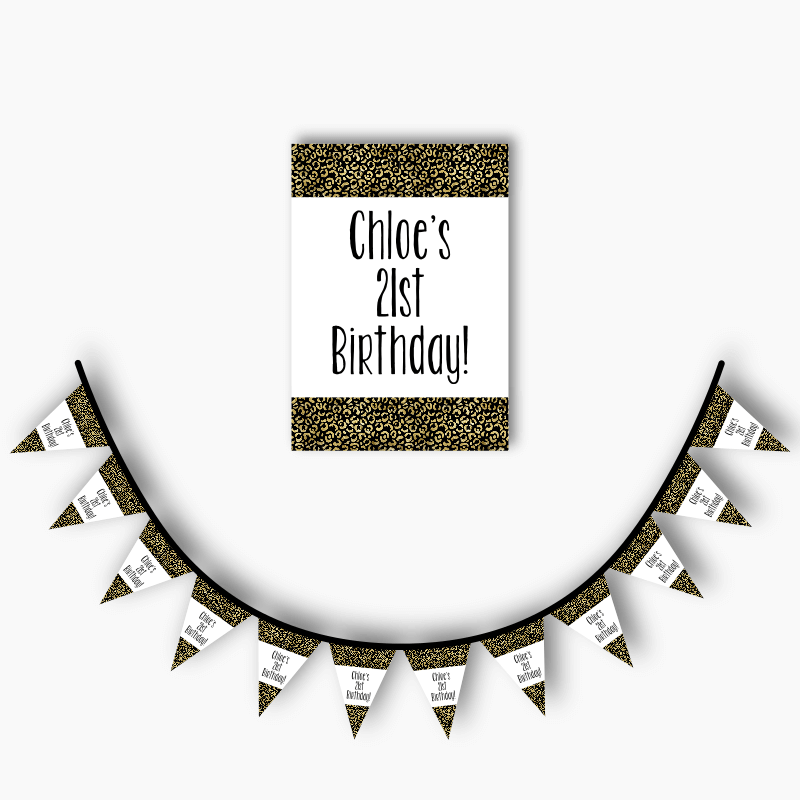 Personalised Black &amp; Gold Animal Print Party Poster &amp; Flag Bunting Combo