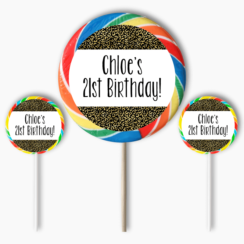 Personalised Black & Gold Animal Print Birthday Party Round Stickers