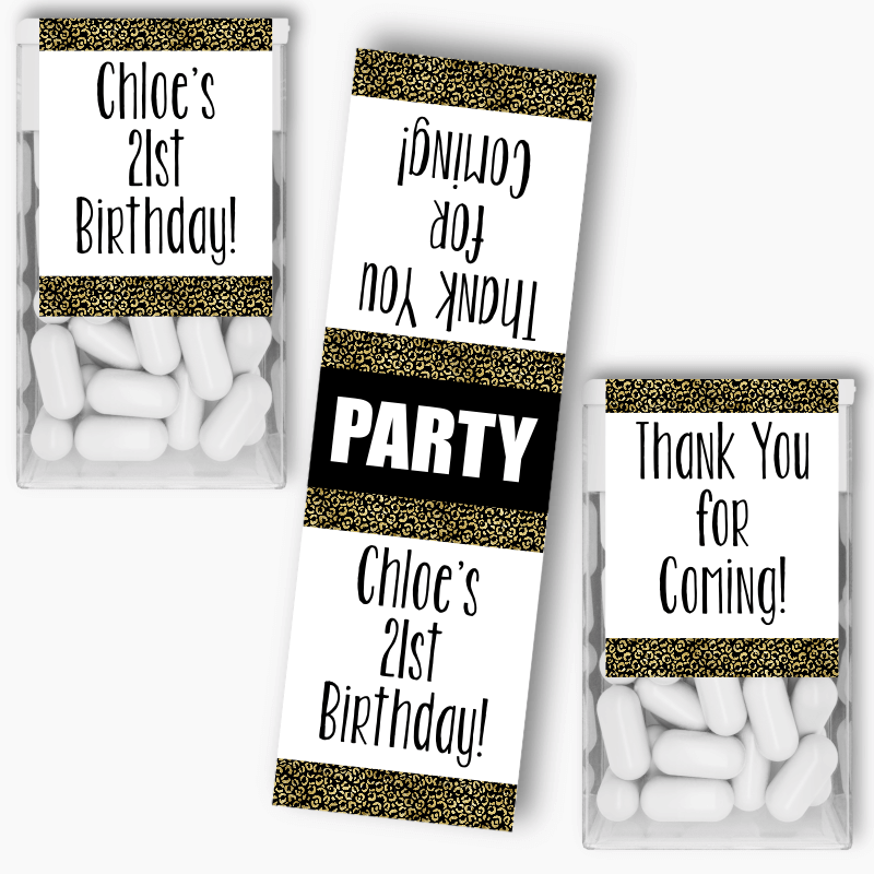 Personalised Black &amp; Gold Animal Print Birthday Party Tic Tac Labels