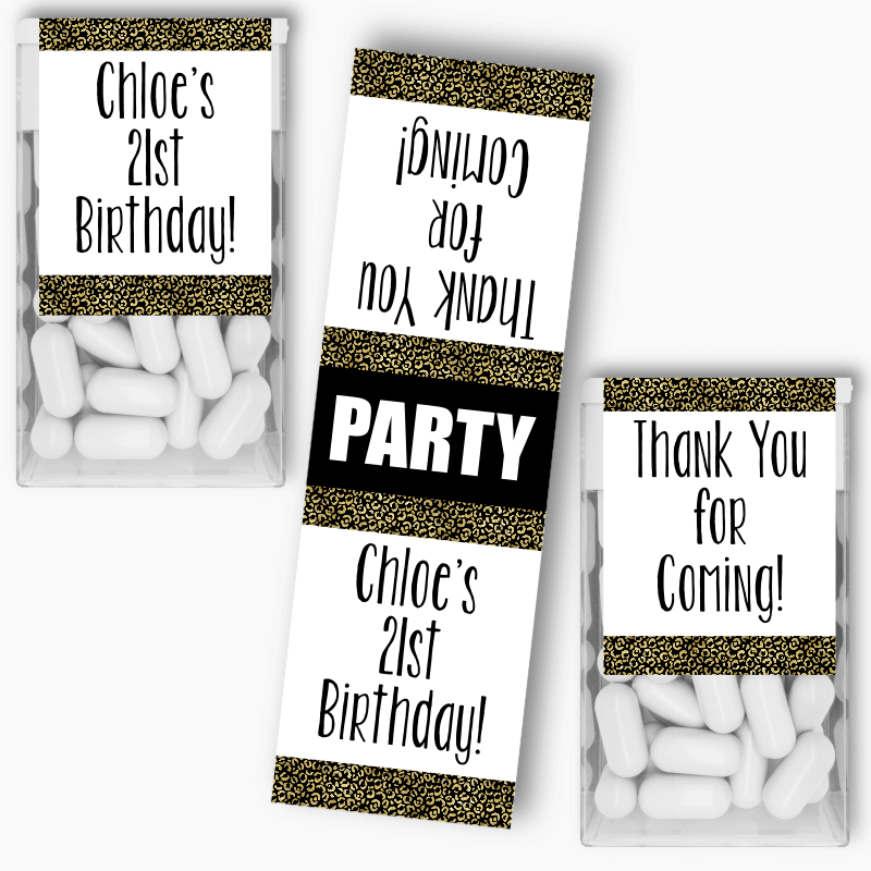 Personalised Black & Gold Animal Print Birthday Party Tic Tac Labels