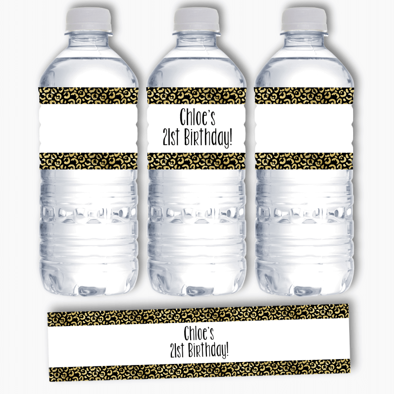 Personalised Black &amp; Gold Animal Print Birthday Party Water Bottle Labels