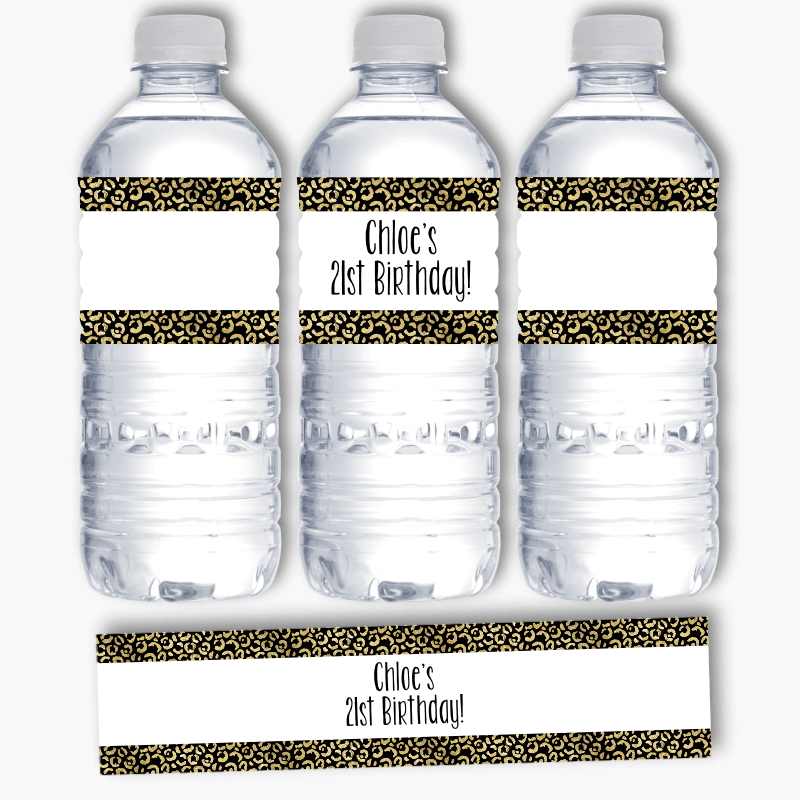 Personalised Black & Gold Animal Print Birthday Party Water Bottle Labels