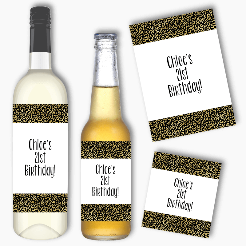 Personalised Black &amp; Gold Animal Print Birthday Party Wine &amp; Beer Labels
