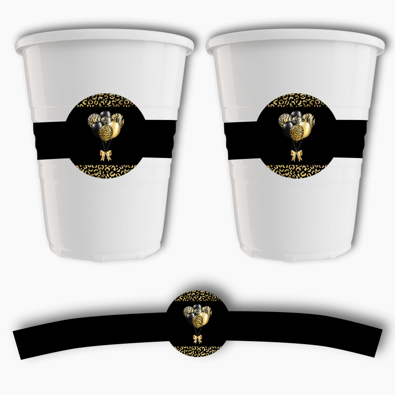 Black &amp; Gold Balloons Birthday Party Cup Stickers