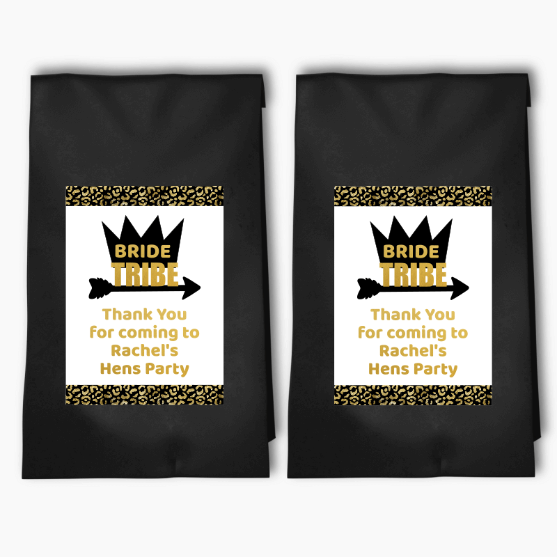 Personalised Black &amp; Gold Bride Tribe Hens Party Bags &amp; Labels